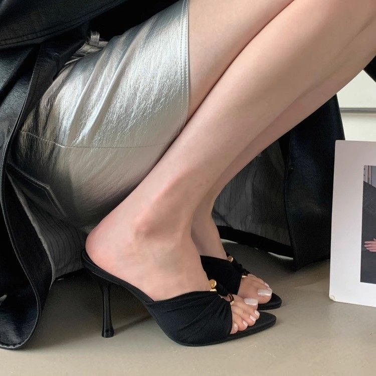 2025 Open-toe Women's Shoes Queen Fan Pointed-toe Silk Sandals Temperament Metal Buckle High Heels Fashion Hundreds_voghion.com