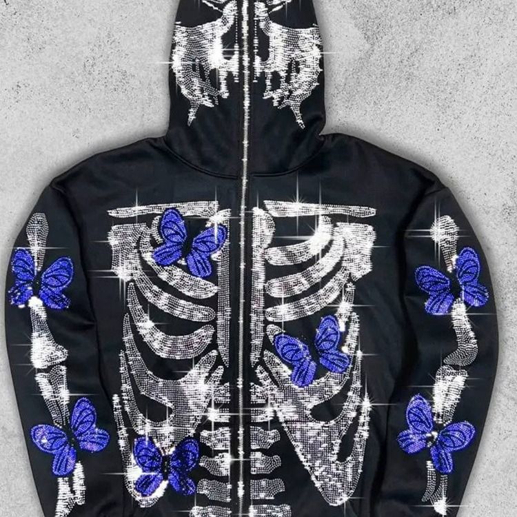 Herreklær Mørk sommerfuglhodeskalle Hot Diamond hettegenser med glidelås og lange ermer_voghion.com