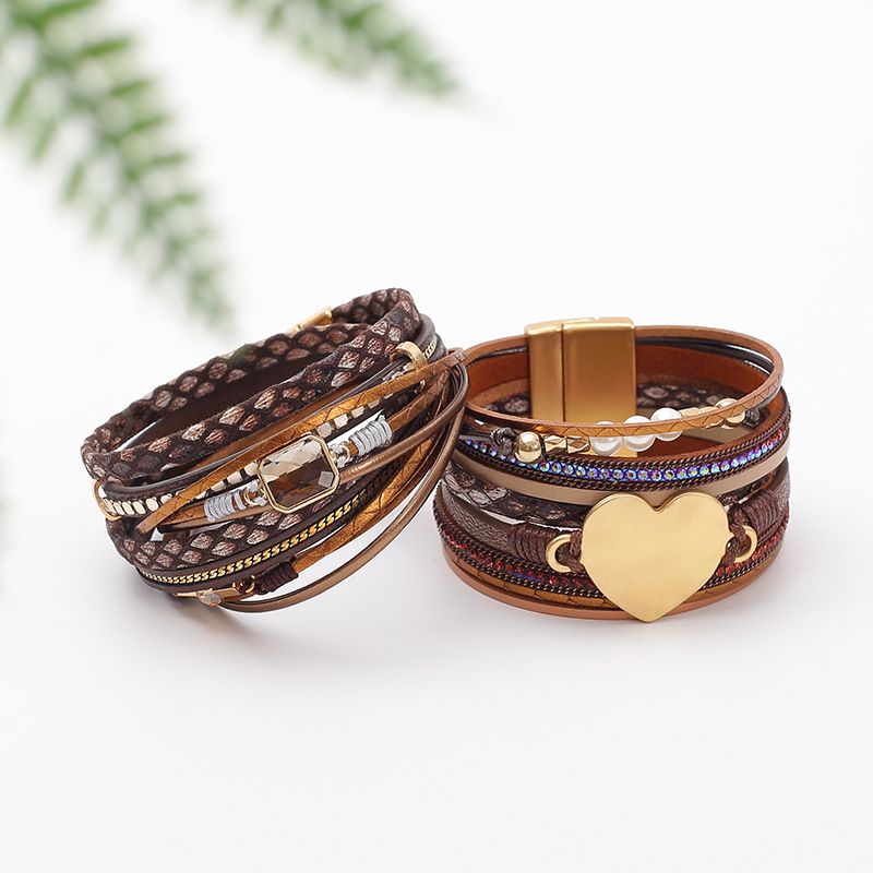 Nieuwe Hart Parel Multi-layer Armband PU Leer Geweven Magnetische Sluiting Bangle Boheemse Stijl Sieraden_voghion.com