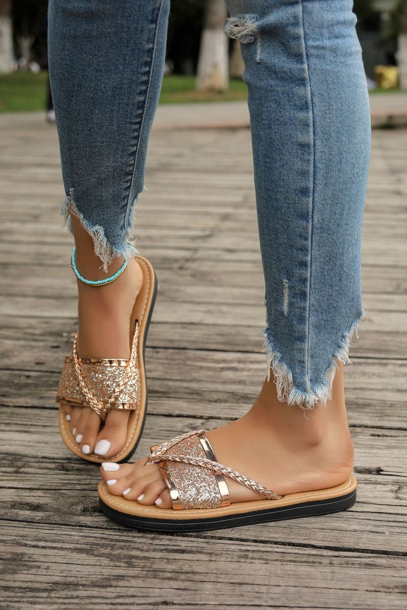 Sapatos Sapatos Únicos Chinelos Rasos Chinelos Casuais de Tecido com Lantejoulas da Moda_voghion.com