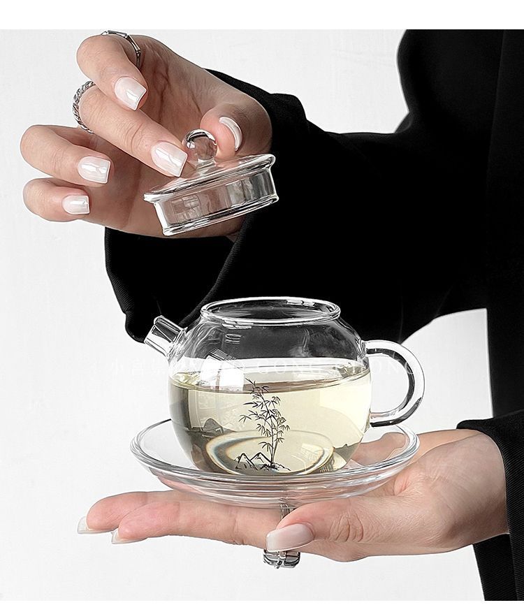 Théière en verre et bambou de style chinois, idéale pour la maison, théière saine et résistante à la chaleur avec filtre._voghion.com