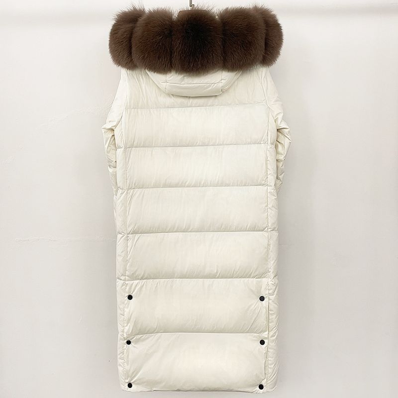 Abbigliamento da donna Cappotto in piumino d'oca Premium Gold Parka lungo extra caldo con cappuccio in pelliccia staccabile Soprabito invernale con lussuosa rifinitura in pelliccia di volpe/procione_voghion.com