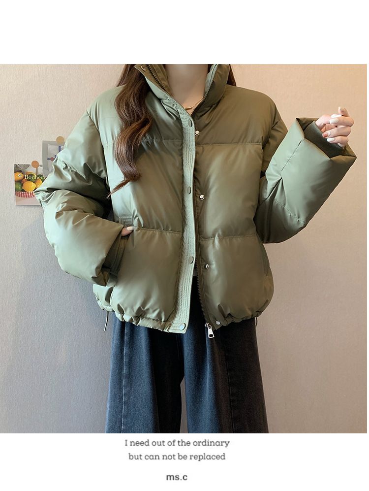 Dameskleding Koreaanse versie korte opstaande kraag kleine winterjassen katoenen jas voor dames eenvoudige losse versie rits pufferjack effen kleur_voghion.com