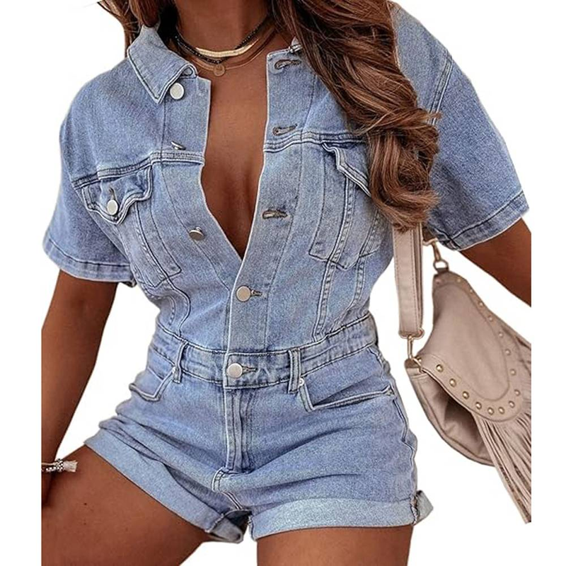 Damen Loose Vintage Worn Short Denim Jumpsuit Kurzarm Button Down Jeans Jumpsuit_voghion.com