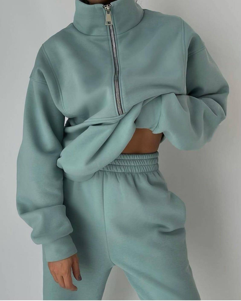 Conjunto de agasalho feminino de lã - Roupa esportiva casual de inverno (jogging e moletom com capuz)_voghion.com