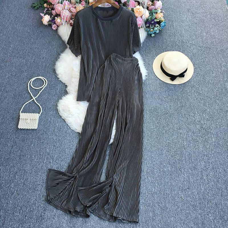 Women's Fashion Clean Color Shirt Two-piece Set Of High Waist Vertical Vertical Wide Leg Pants_voghion.com