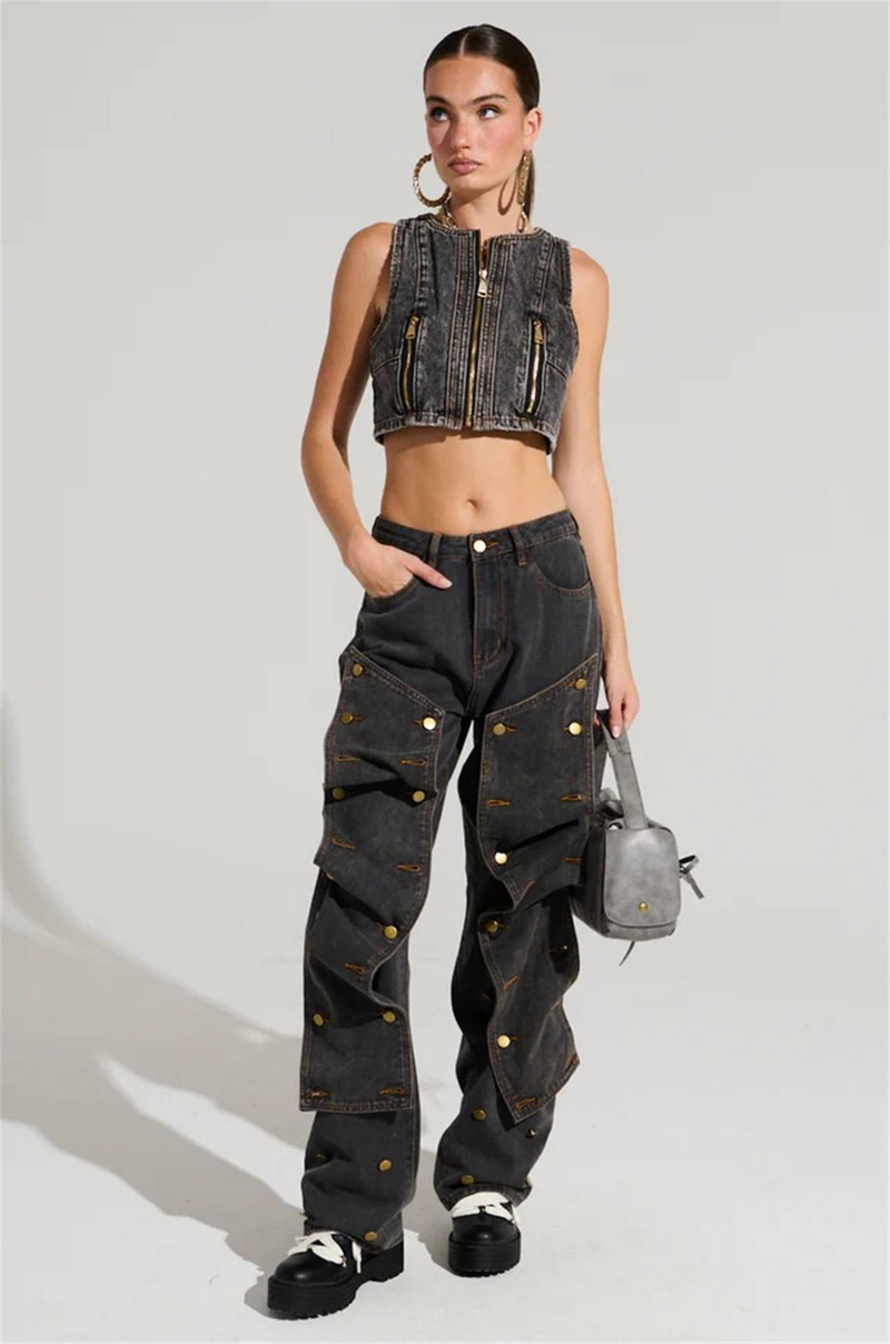 Women's High Waist Straight Jeans - Detachable Snap Button & Asymmetrical Design For Streetwear Fashion_voghion.com
