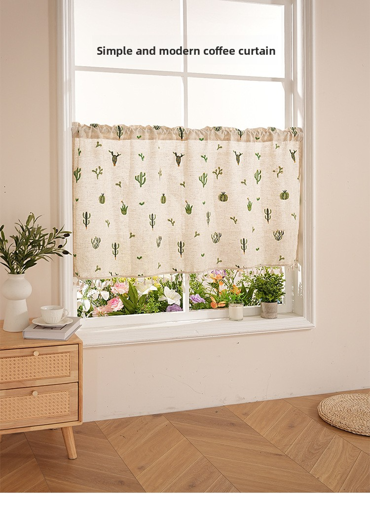 Türvorhang mit Kaktus-Stickerei – Boho-Chic-Stoffvolant für Küche, Bad und Schlafzimmer, leichter Sichtschutz im Leinen-Look, 3 Größen_voghion.com