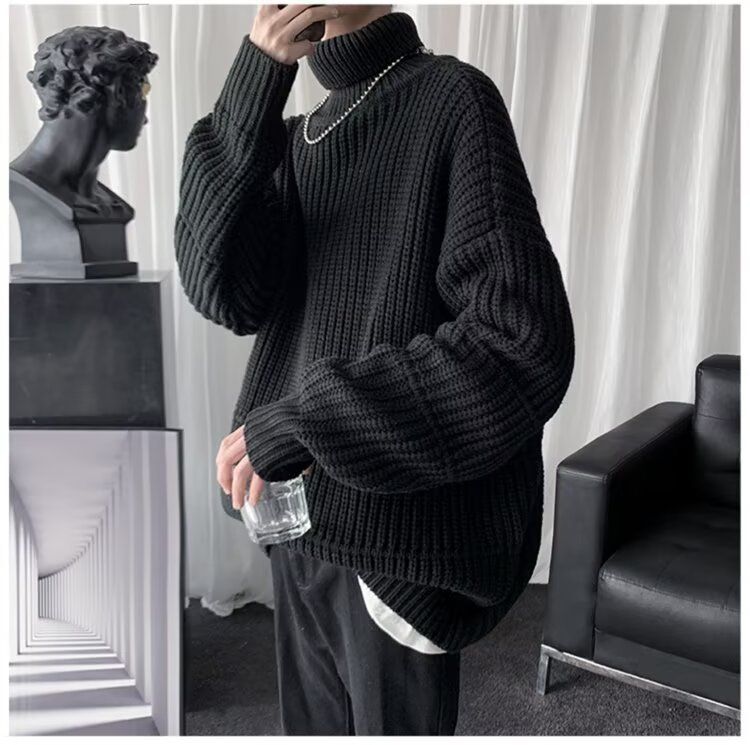 Thick Knit Turtleneck For Men, Autumn And Winter Solid Color Knitwear, Korean Lazy Style Couple Wool Sweater Coat_voghion.com