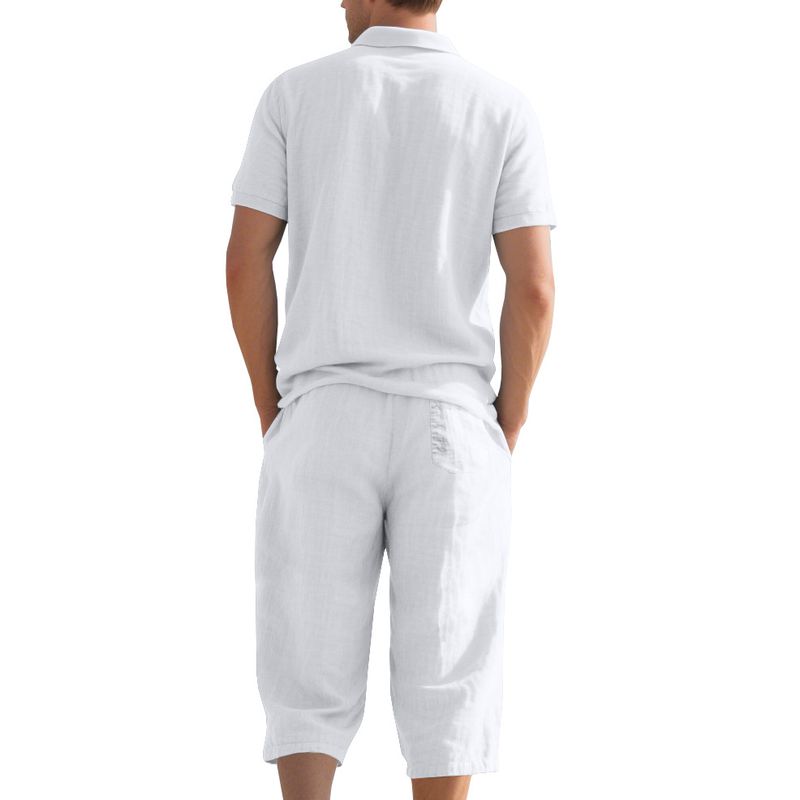 Polo da uomo estivo, casual, ampio, traspirante, in lino, con maniche corte e pantaloni a sette quarti_voghion.com