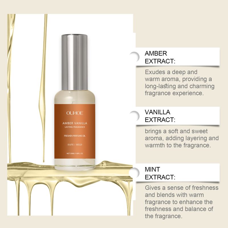 Perfume con textura de aceite esencial de vainilla, suave, fresco, ámbar claro y duradero._voghion.com