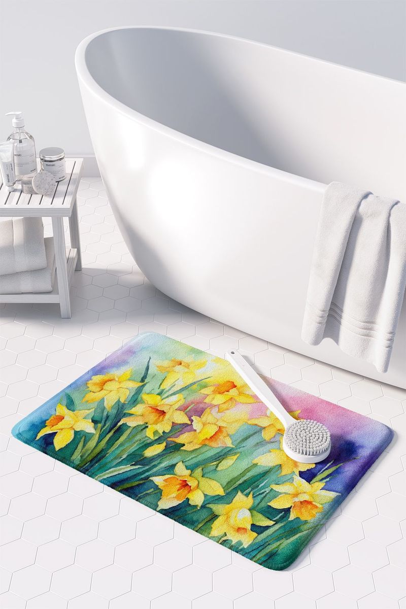 Daffodils In Watercolor Memory Foam Kitchen Mat Machine Washable Anti-Fatigue Mat Cushion Comfort Bath Mat Or Kitchen Rug_voghion.com