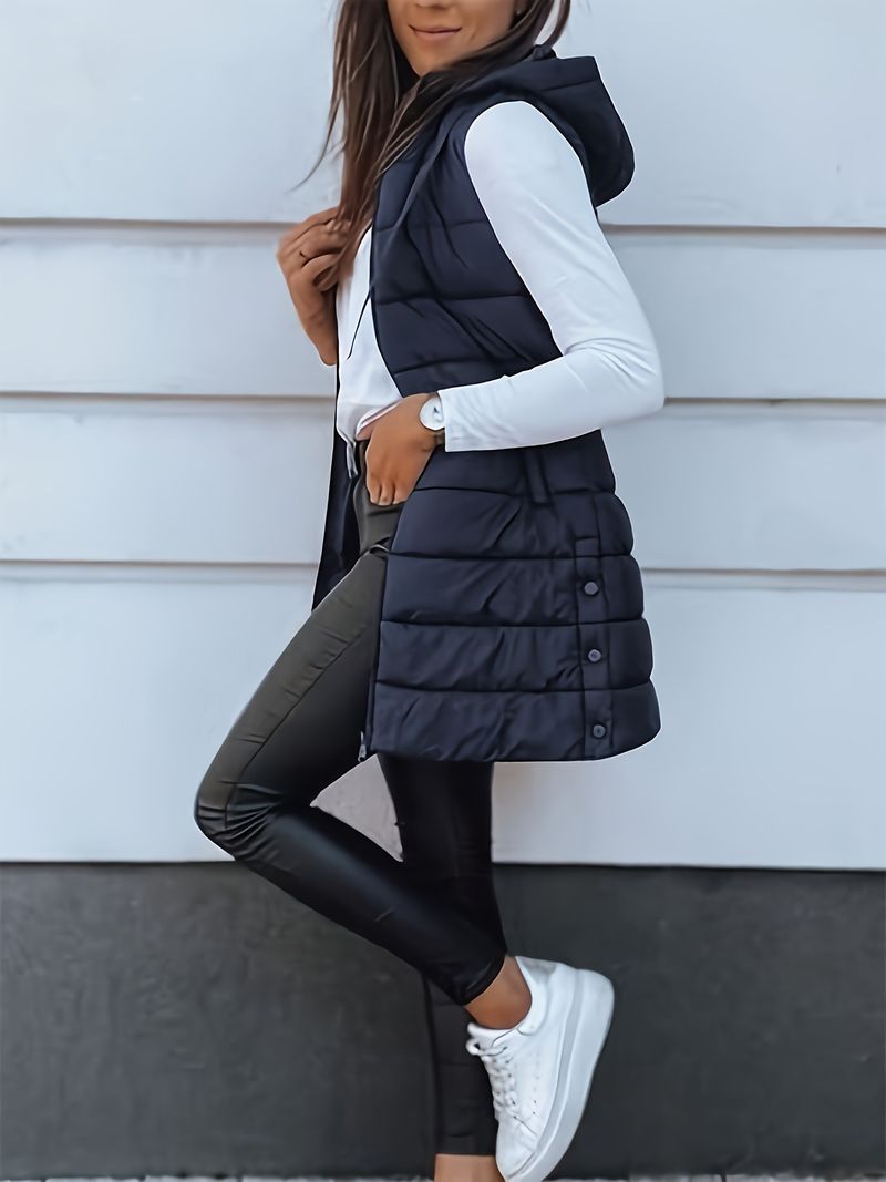 Women's Long Hooded Zip-Up Quilted Vest - Lightweight Polyester Puffer Jacket For Winter, Casual & Elegant Style_voghion.com