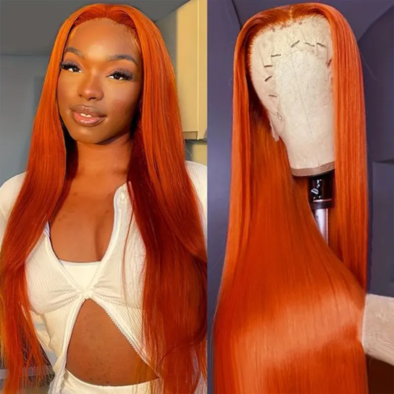 13x6 Ginger Lace Front Wig 100% Human Hair Straight Preplucked Orange Wig_voghion.com
