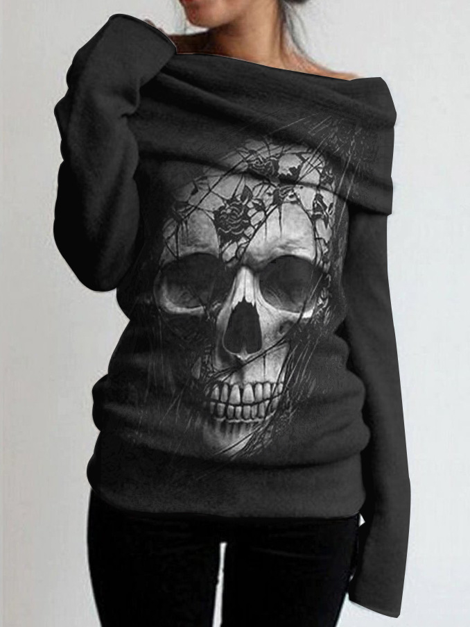 Abbigliamento femminile autunno e primavera nuove donne Halloween moda temperamento testa teschio top monospalla_voghion.com