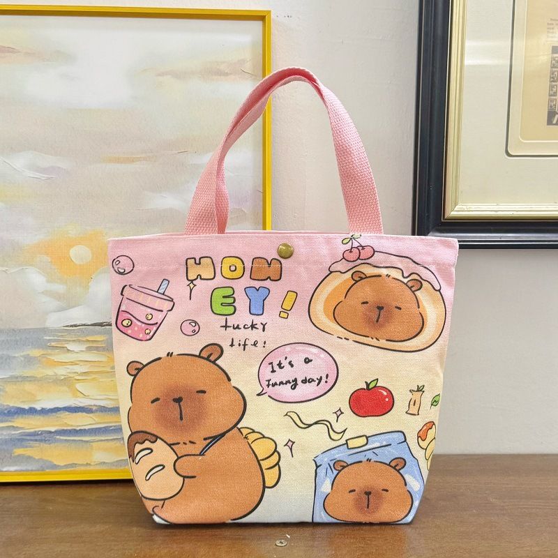 Canvas Bucket Bag For Women, Birthday Lunch Small Handheld Cute Portable Tote Bag, Capybara_voghion.com