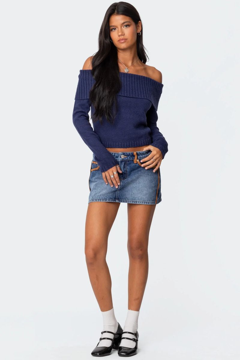 2025 Frühjahr Neues Strickoberteil Damen Einfarbiger Off-Shoulder Langarm Pullover_voghion.com