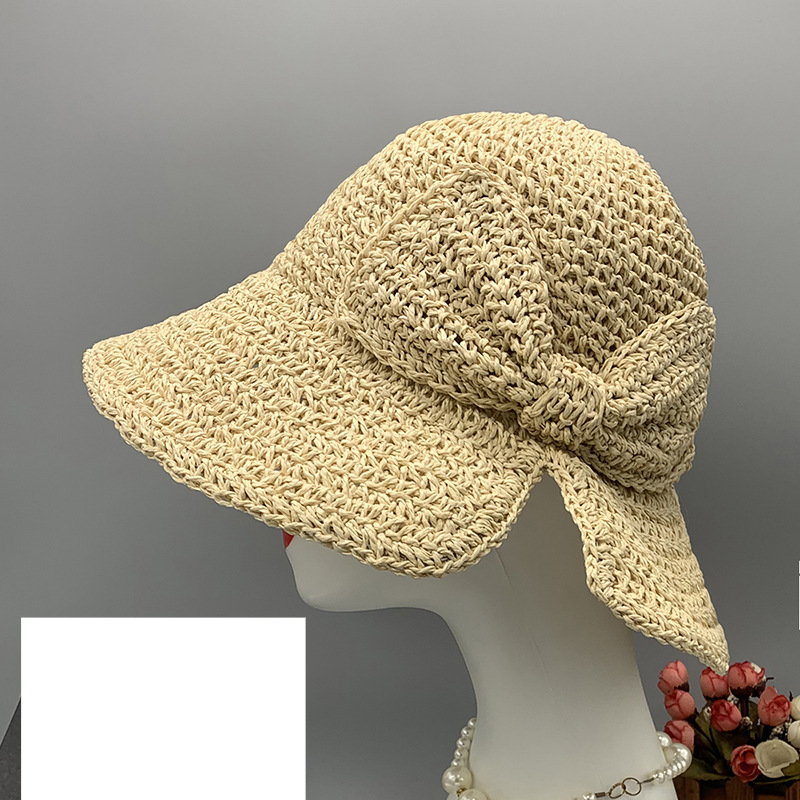 Nuovo cappello da pescatore con fiocco cappello da sole pieghevole cappello da spiaggia cappello di paglia a tesa piccola con fessura cappello di protezione solare estivo da donna_voghion.com