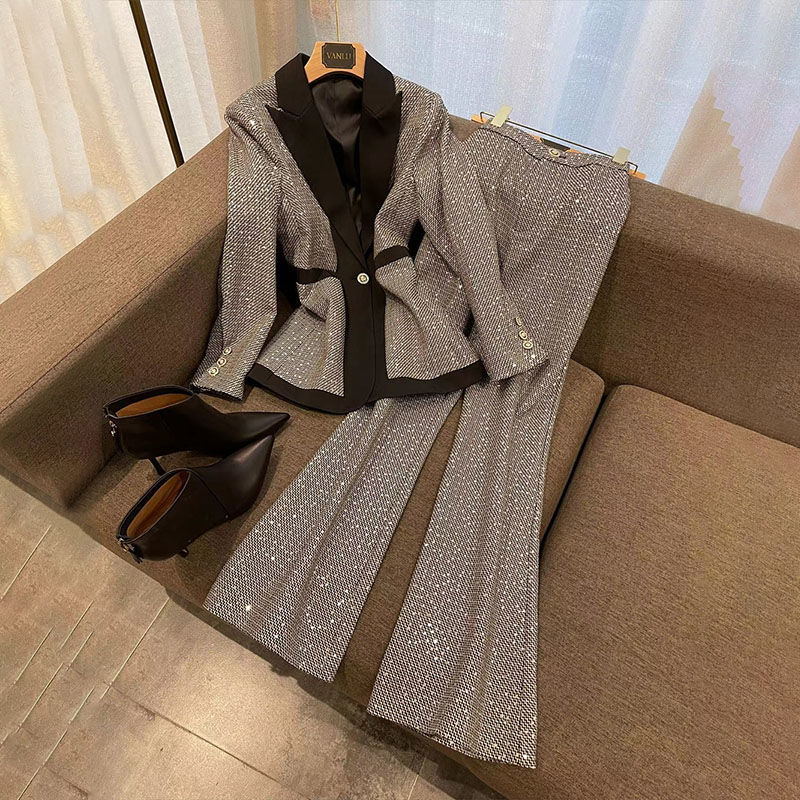 Women's Clothing large size women's plaid color matching suit women's spring new style temperament slim high waist flared pants_voghion.com