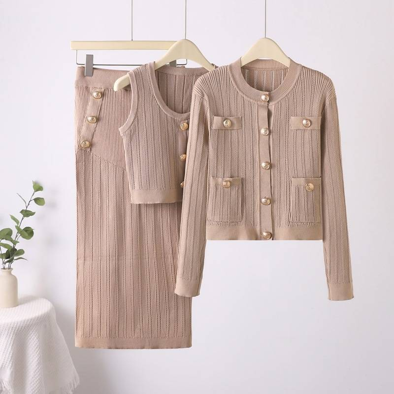 Ensemble tricoté pour femme, nouveau cardigan, pull + gilet + jupe tricotée, ensemble trois pièces, printemps_voghion.com