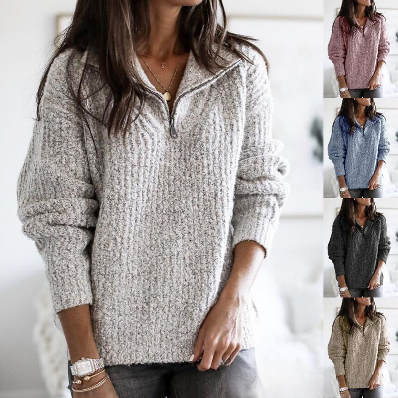 Damen-Strickpullover mit Reißverschluss – Übergroßer Langarmpullover (S-3XL, 5 Farben)_voghion.com