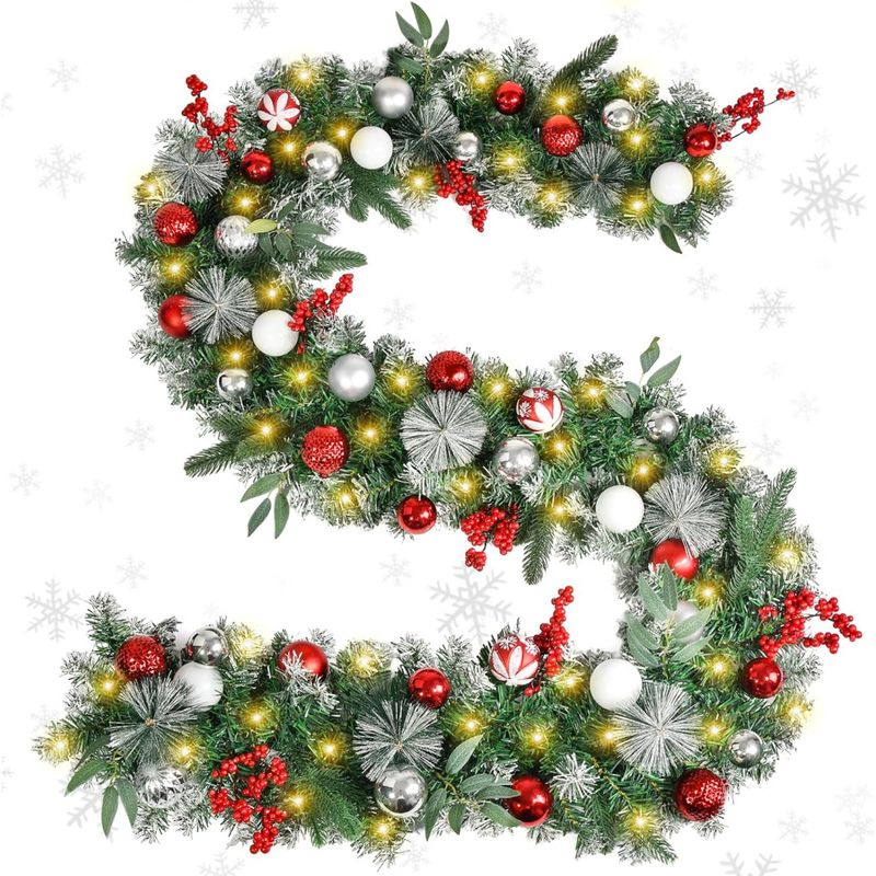 180cm/270cm Christmas Wreath Door Hanging Decor With Faux Pine Garland, Red & White Ornaments_voghion.com
