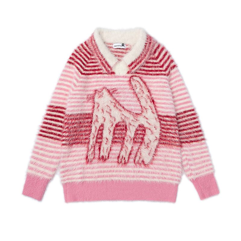 Pull rayé à col en V en deux pièces pour chaton, pull ample unisexe pour l'automne, haut tricoté de style paresseux_voghion.com