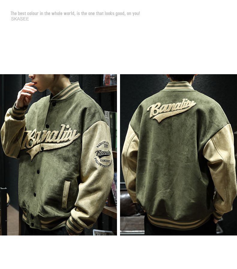 Jachetă bomber verde de primăvară și toamnă, model retro, jachetă bărbătească, elegantă, brodată, uniformă de baseball pentru cupluri_voghion.com