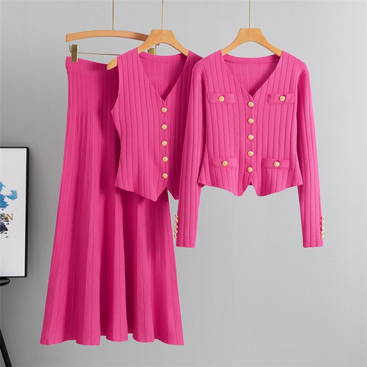 Ženska oblačila, oprijet kroj, krilo, pulover, tridelni komplet za ženske, pomlad in jesen, nov telovnik, pleteni kardigan, komplet_voghion.com