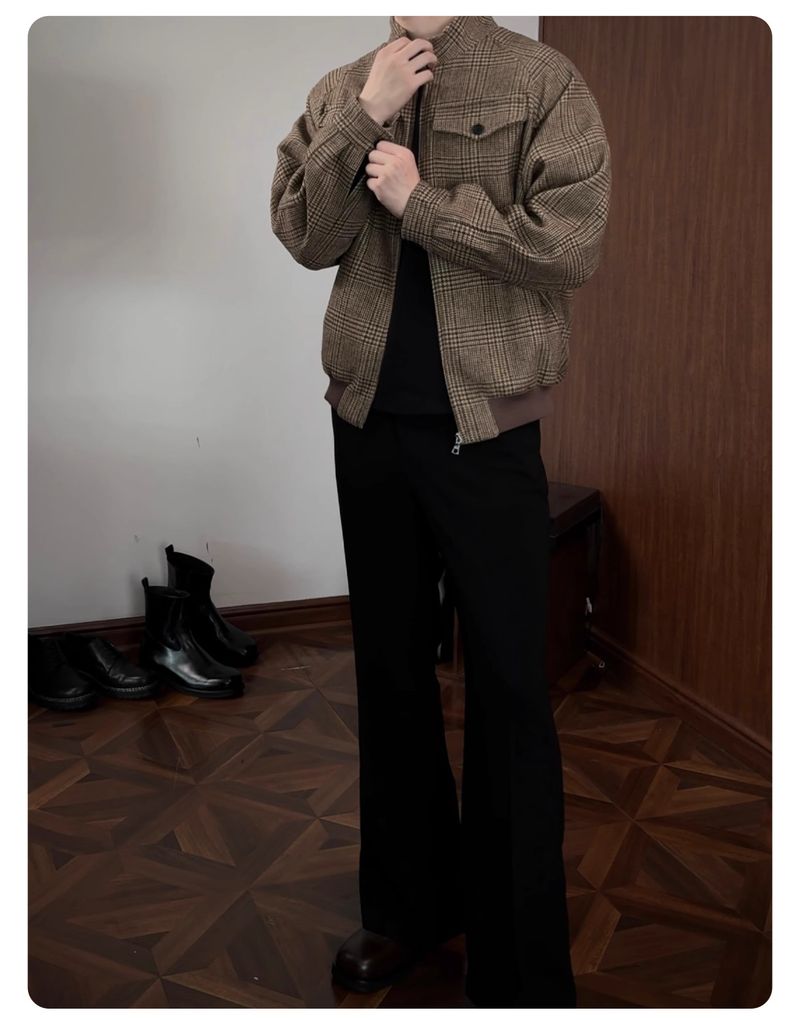 Klassische karierte Harrington-Jacke für Herren – Wollmischung, bequeme Passform, Stehkragen, Reißverschluss vorne, lange Ärmel, lässige Oberbekleidung für Herbst und Frühling_voghion.com