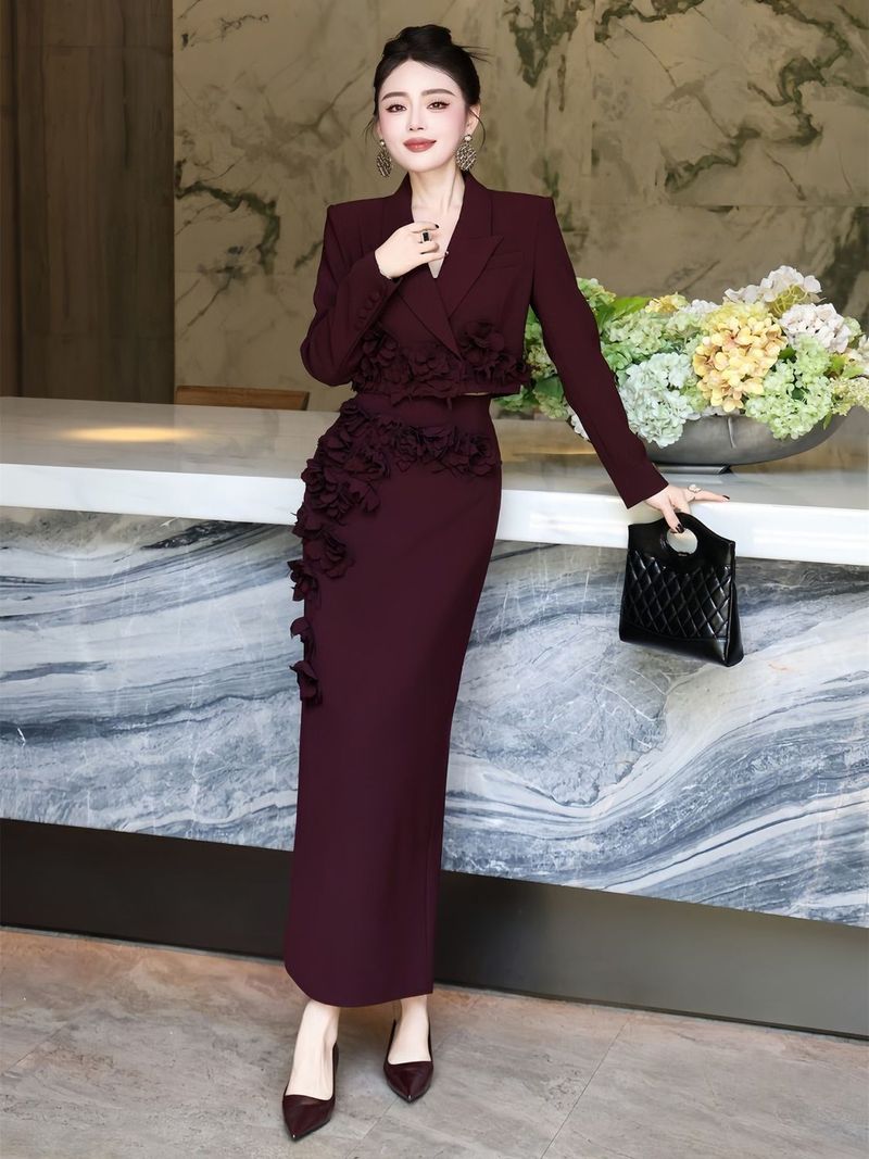 Eleganter, leichter Business-Anzug für Mädchen, Herbst 2025, aufwendig gearbeitet, mit dreidimensionalem Blumenmuster, Blazer und Rock_voghion.com