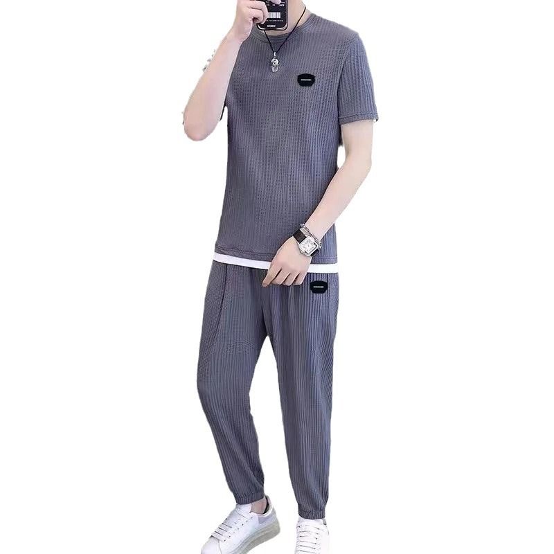 Summer Plus Size High-End Casual Sports Suit Men Ice Silk Breathable Elastic Quick-Dry Ultra-Thin Short Sleeve Two-Piece_voghion.com