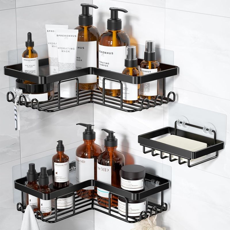 Heavy-Duty Bathroom Corner Shelf, 3-Tier Storage With Hooks, Adhesive Installation, Space Saver For Shower, Rental Friendly_voghion.com