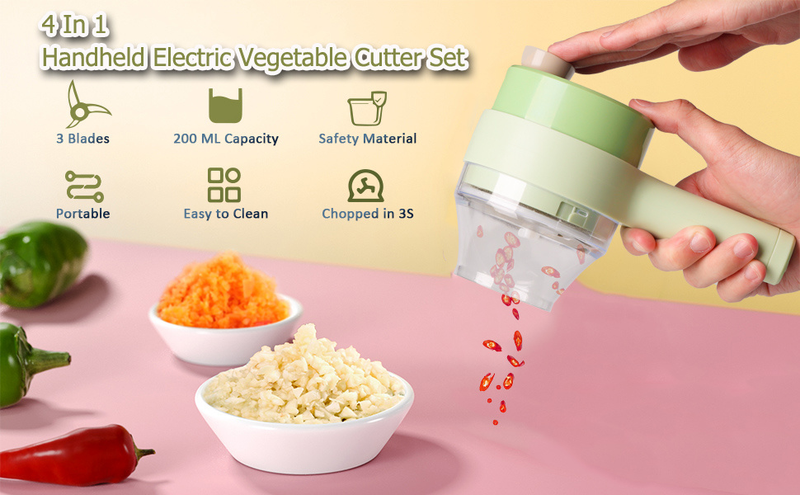 1pc 4 In 1 Gemüse Chopper Handheld Elektrische Gemüse Cutter Set Tragbare Drahtlose Knoblauch Schlamm Masher Knoblauch Presse und Slicer Set_voghion.com