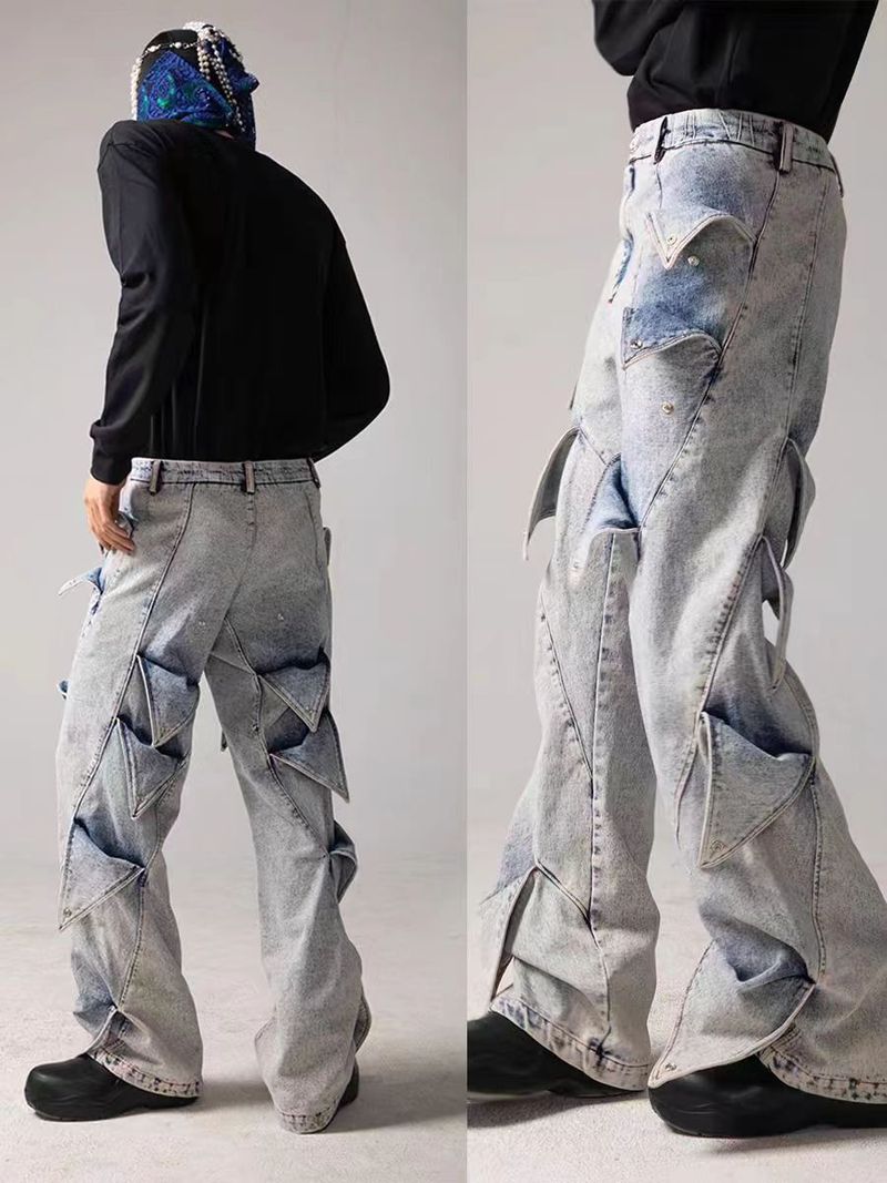 Ropa para hombres Vaqueros lavados deconstruidos retro de high street para hombres y mujeres, diseño de nicho, estilo artístico original, estilo retro infantil_voghion.com