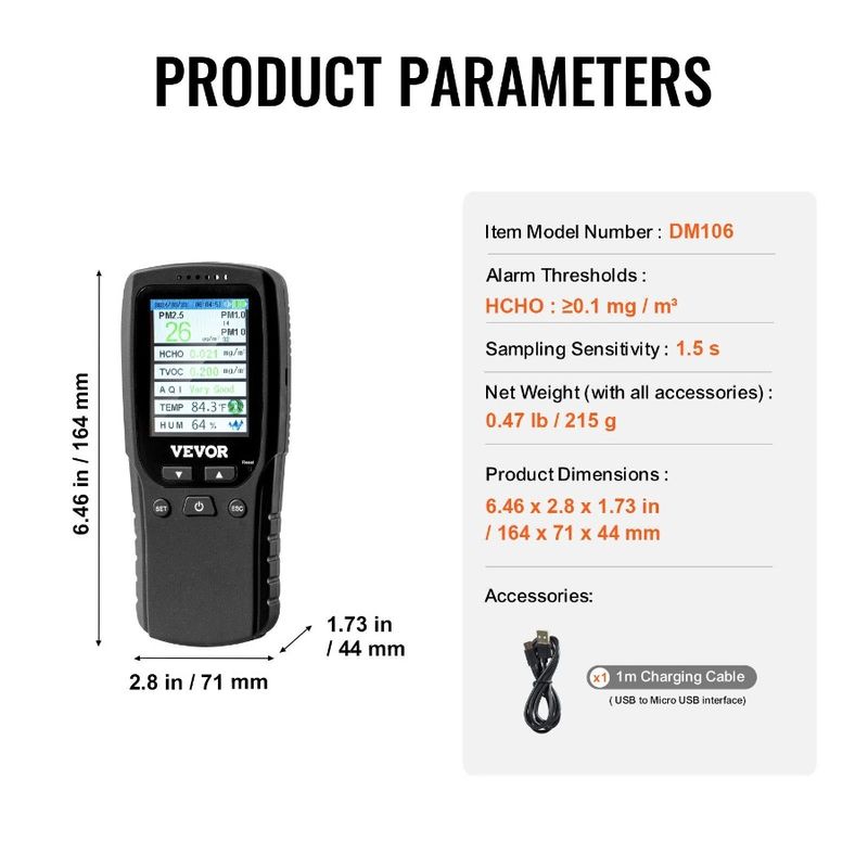 TVOC Quality Air AQI Counter PM2.5 Particle Formaldehyde PM1.0 PM10 Tester 8IN1 Humidity For Professional Temperature Monitor_voghion.com