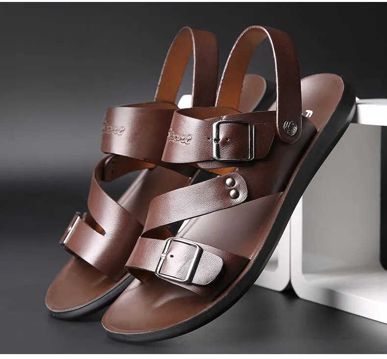 Fashion Comfortable Men's Sandals Solid Color Open Toe Mens Leather Sandals 2023 New Slippers Beach For Male Leather Footwear_voghion.com