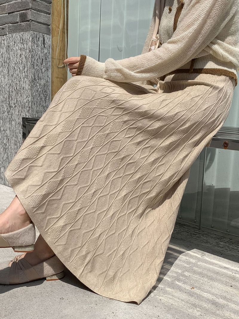 Gonna in maglia a vita alta a trapezio - Gonna midi plissettata fluida per donna, morbida ed elastica, elegante gonna invernale con design che copre i fianchi_voghion.com