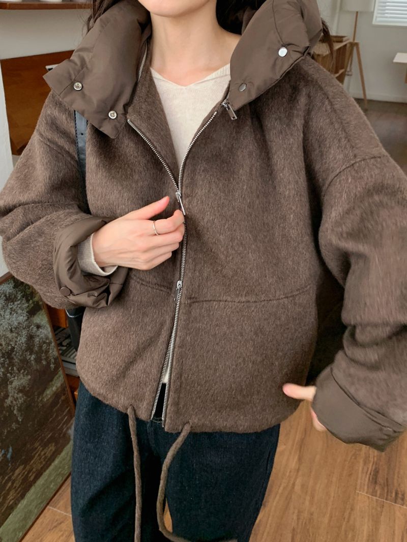 Damenbekleidung, stilvoller Mantel aus Wollmischung mit abnehmbarer Kapuze, lässige Kurzjacke mit Gürtel und Patchwork-Design, lockere Passform, warme Winteroberbekleidung_voghion.com
