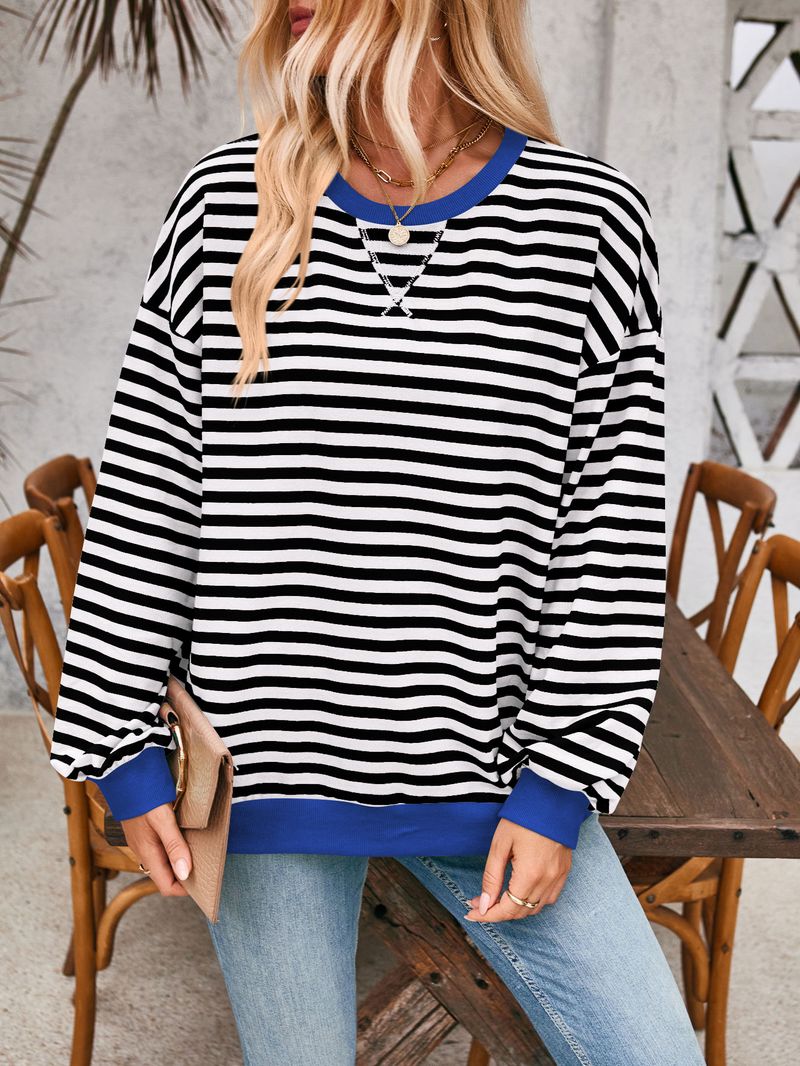 Koreanisches T-Shirt mit kontrastierenden Farben, schlicht gestreift, langärmelig, Oversize-Schnitt, für Damen, Frühling_voghion.com