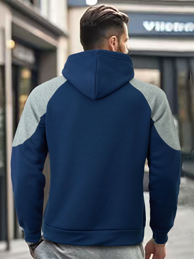 Felpa con cappuccio color-block da uomo: pullover alla moda con pannelli a contrasto e vestibilità comoda (grigio chiaro/nero/kaki/blu navy)_voghion.com