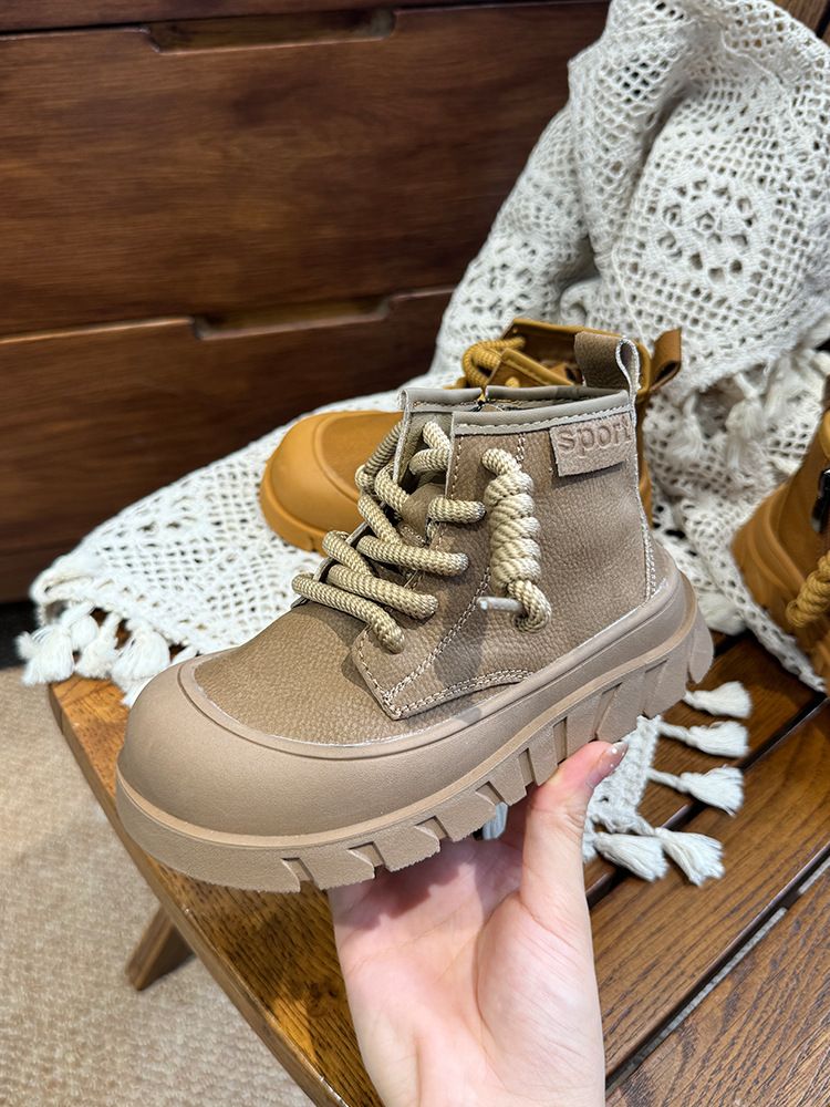 Children's Martin 2024 autumn winter boys' and girls' yellow short boots, British style high top single boots with plush_voghion.com