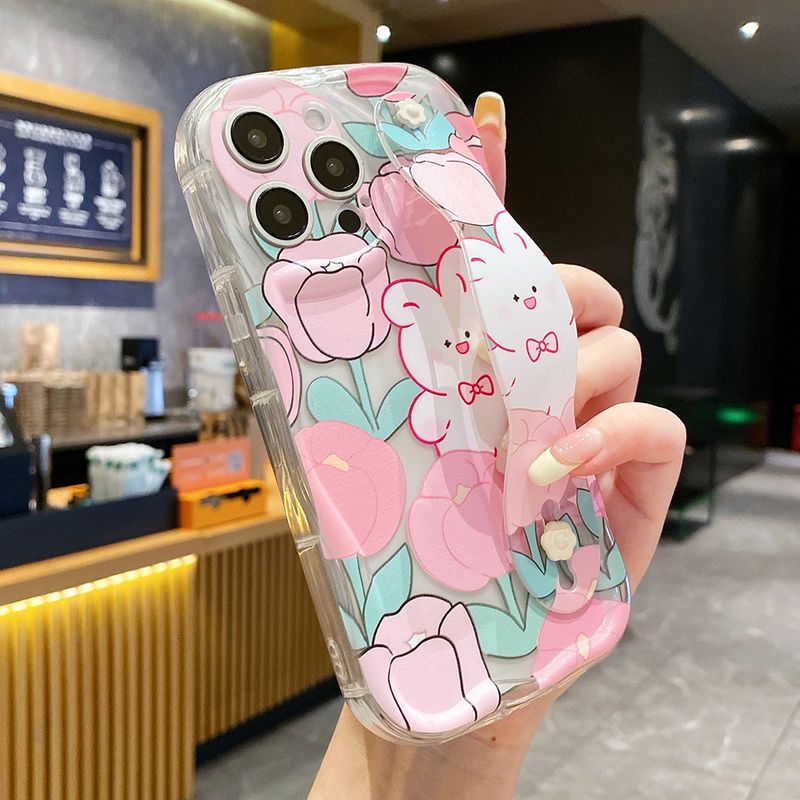 Wrist Strap Case For IPhone 16 15 14 13 12 11 Pro X Xs Max XR 16E 7 8 Plus Cartoon Rabbit Soft TPU Phone Holder Cover_voghion.com