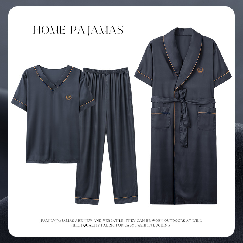 Ice silk pajamas men's summer short-sleeved trousers loose large size three-piece set summer mid-length nightgown home clothes suit_voghion.com