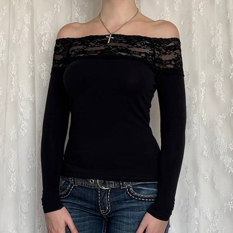 Top corto con scollo a V e cuciture in pizzo nero, elegante e sexy, a maniche lunghe, attillato, per donna, Harajuku, Y2k, autunno, basic_voghion.com