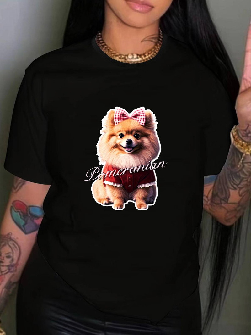 Maglietta da donna taglie forti, nuova tendenza, con motivo a volpe e cane, comoda e ampia, scollo rotondo_voghion.com