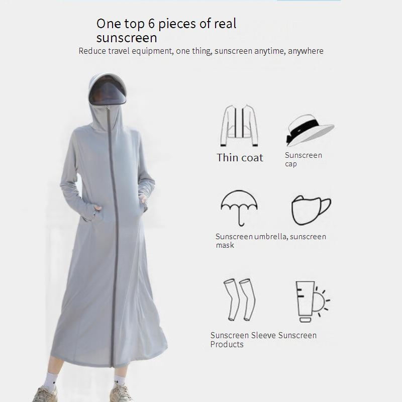 Jaqueta feminina de manga comprida com proteção solar - FPS 50+, comprimento de 120 cm, com tecido de seda gelada (92% viscose + 8% elastano), leve e respirável_voghion.com
