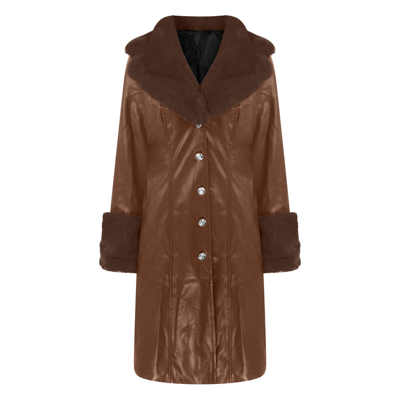 Dames PU-jas met revers en lange rits_voghion.com