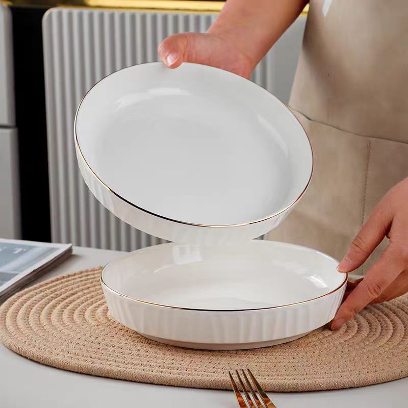 7-Zoll-Keramikteller mit 4-teiligem Geschirrset für zu Hause, stilvolle nordisch inspirierte Teller mit Goldrand, hochwertiger Ins-Stil, Neuankömmling_voghion.com