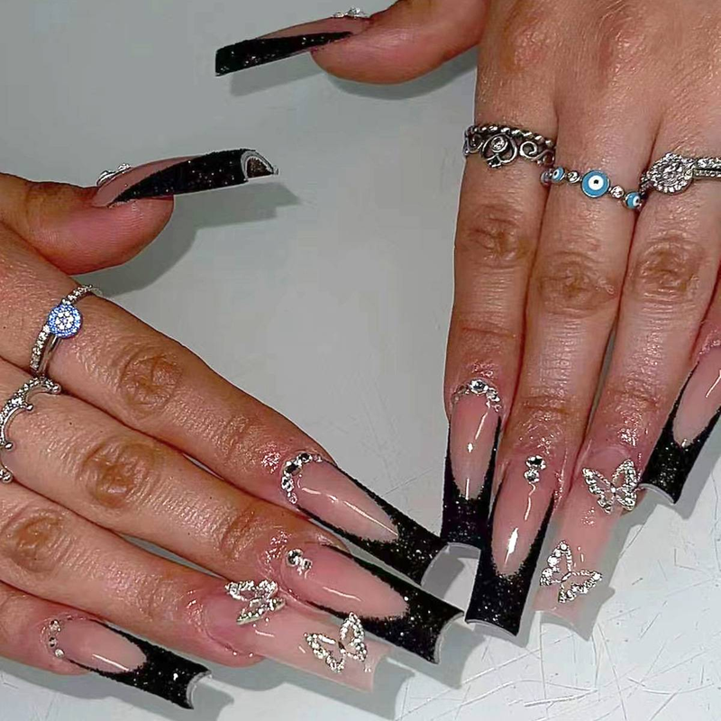 Glamorous Silver Butterfly Rhinestone Press-On Nails Long False Nails For Women - Water Pipe Nail Art, Sweet Style, Glue & Gel Options_voghion.com